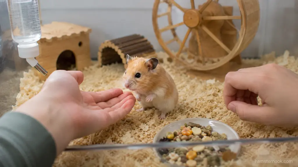 Owner offering a hand to a hamster during a trust-building interaction
