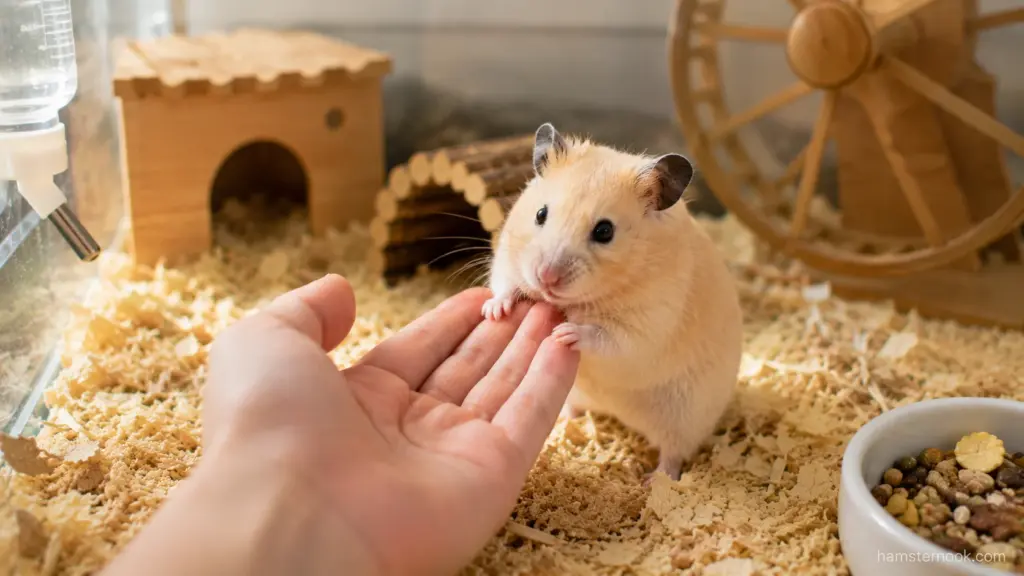 Hamster taking a treat from its owner's hand during a bonding session