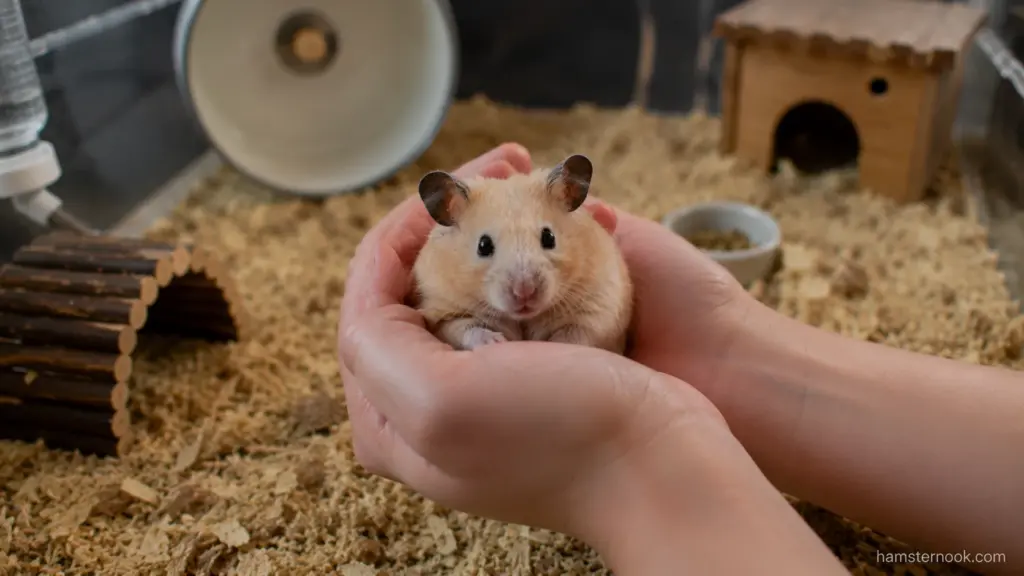 Owner gently holding a tame hamster while building trust through regular handling