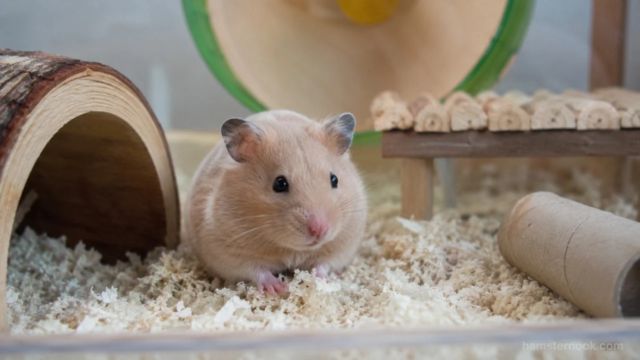 Calm Syrian hamster sitting comfortably in an owner's hand
