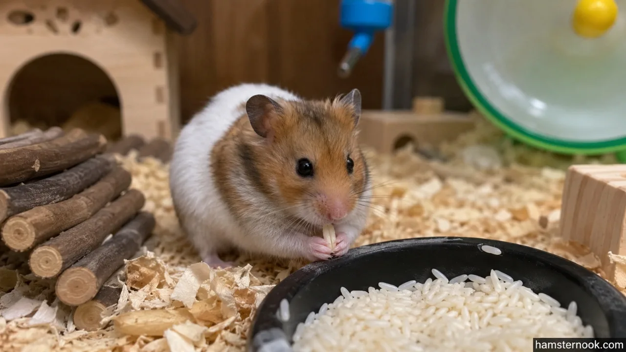 Pet hamster eating a small portion of plain cooked rice