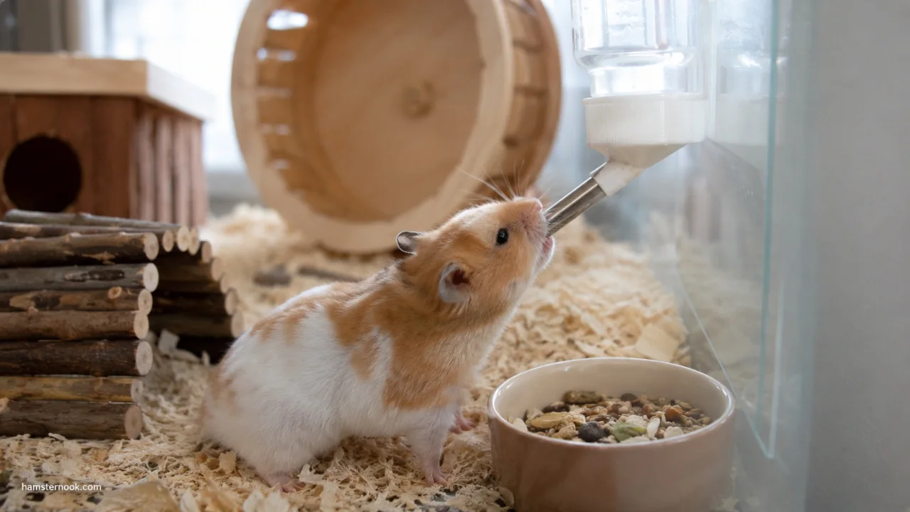 Dehydrated hamster showing signs of lethargy beside a water bottle