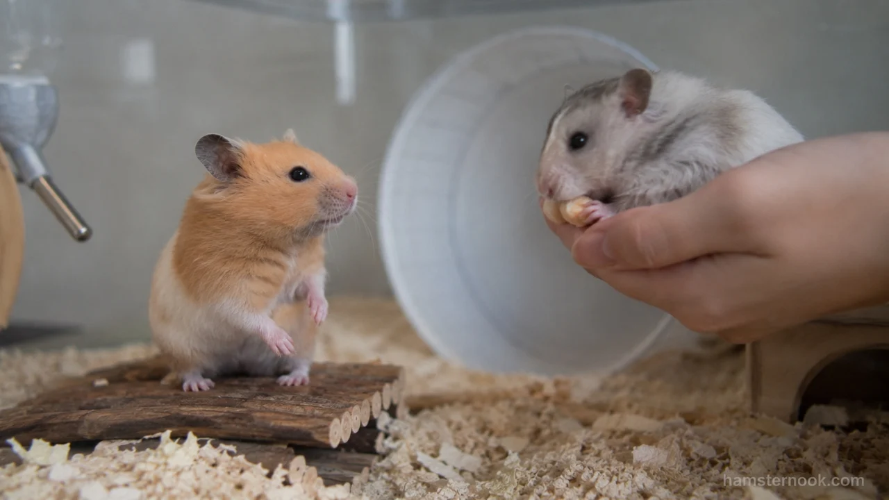 Pet hamster looking toward another animal while exploring its cage
