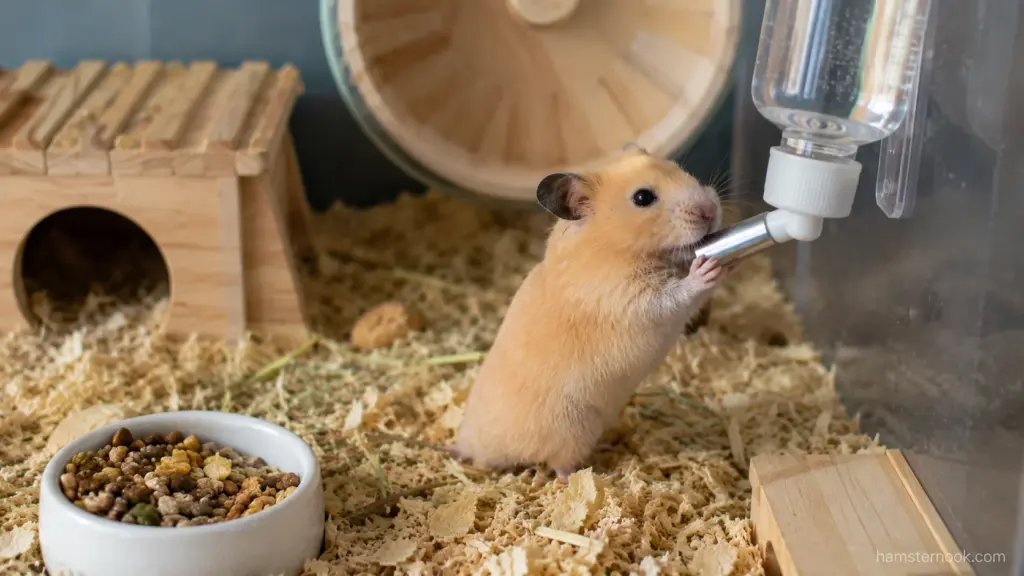 Hamster drinking water from a bottle inside its enclosure