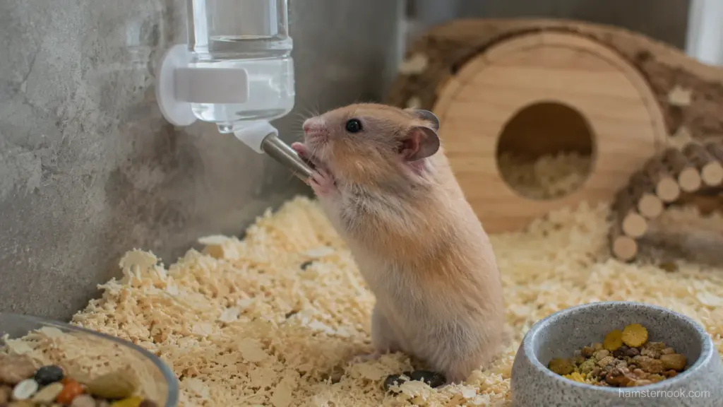 Hamster drinking from a water bottle that should be checked regularly for leaks