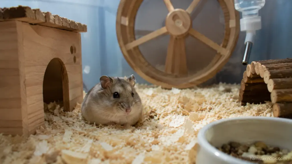 Hamster sitting near its hideout and exercise wheel during a period of reduced activity
