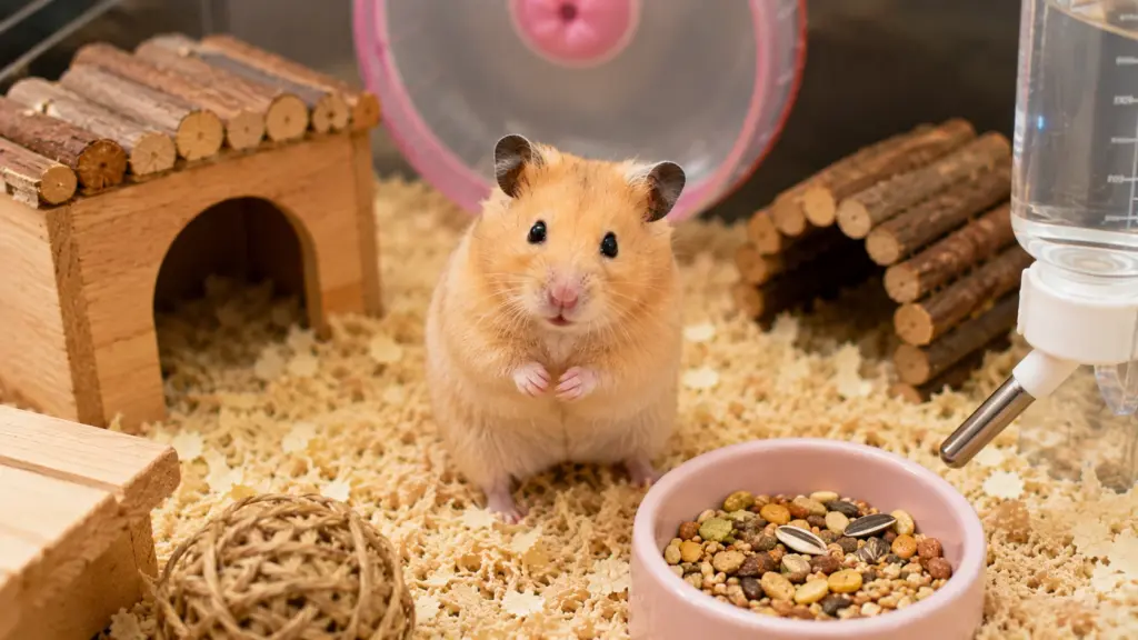 Daily hamster food check in a clean enclosure