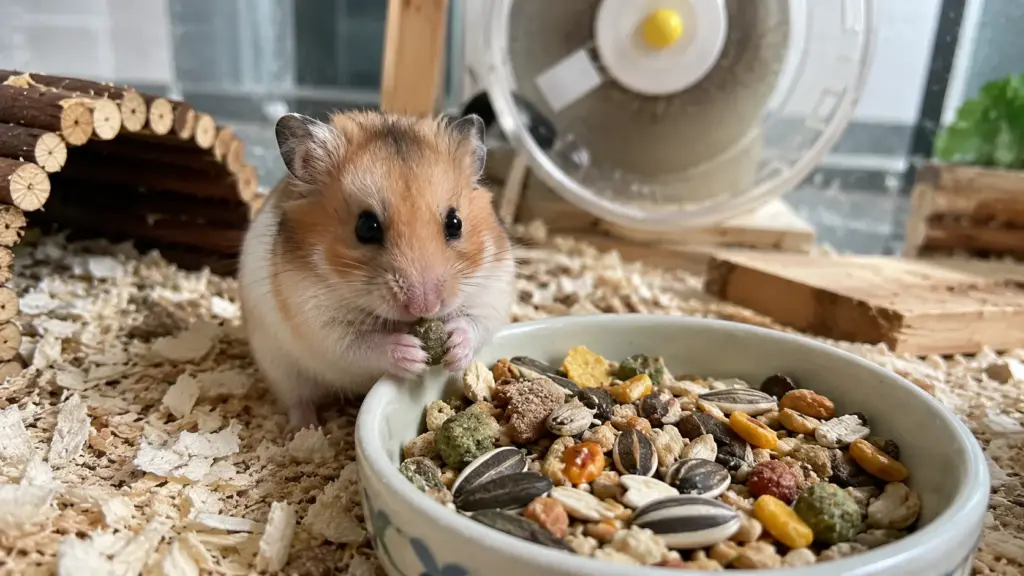 Golden Syrian hamster eating a balanced commercial hamster food mix from a ceramic bowl