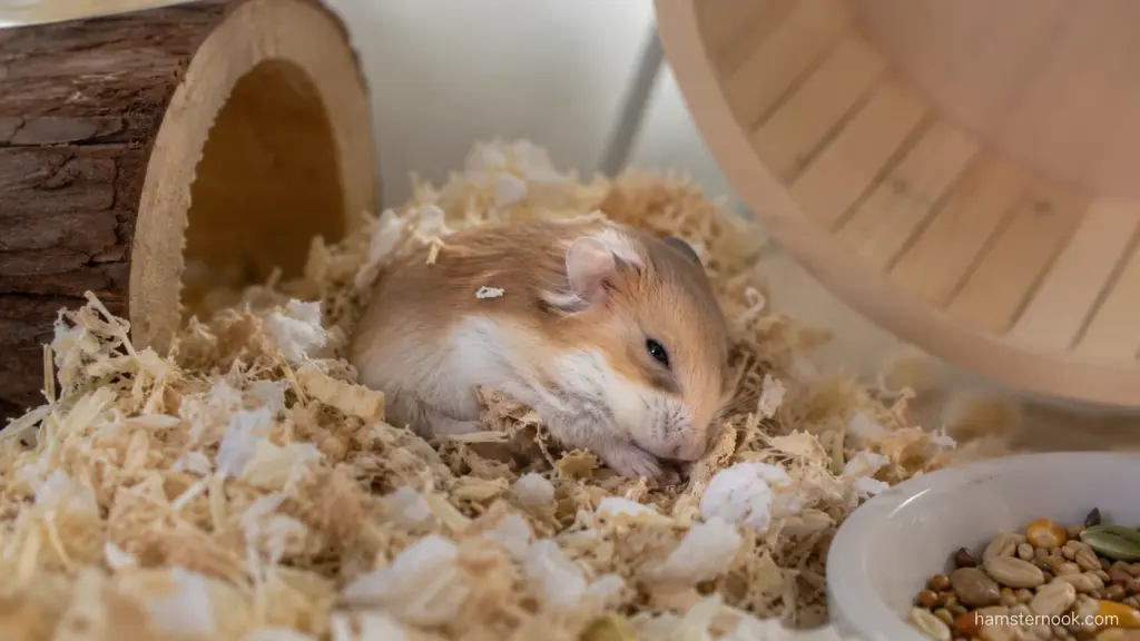 Sleeping dwarf hamster resting near a hideout and exercise wheel inside a quiet enclosure