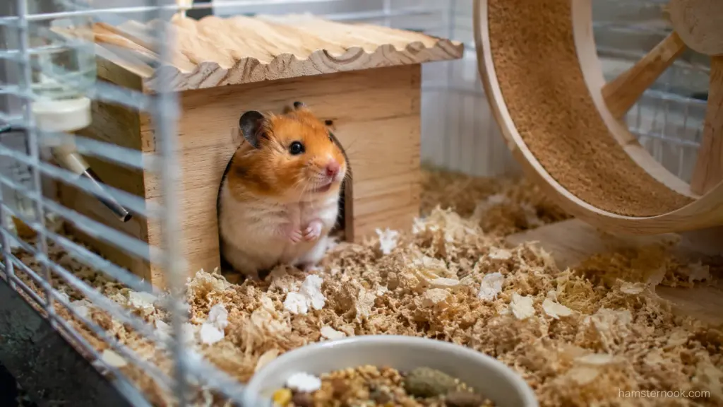 Hamster sitting near its hideout inside a cage while showing signs of environmental stress