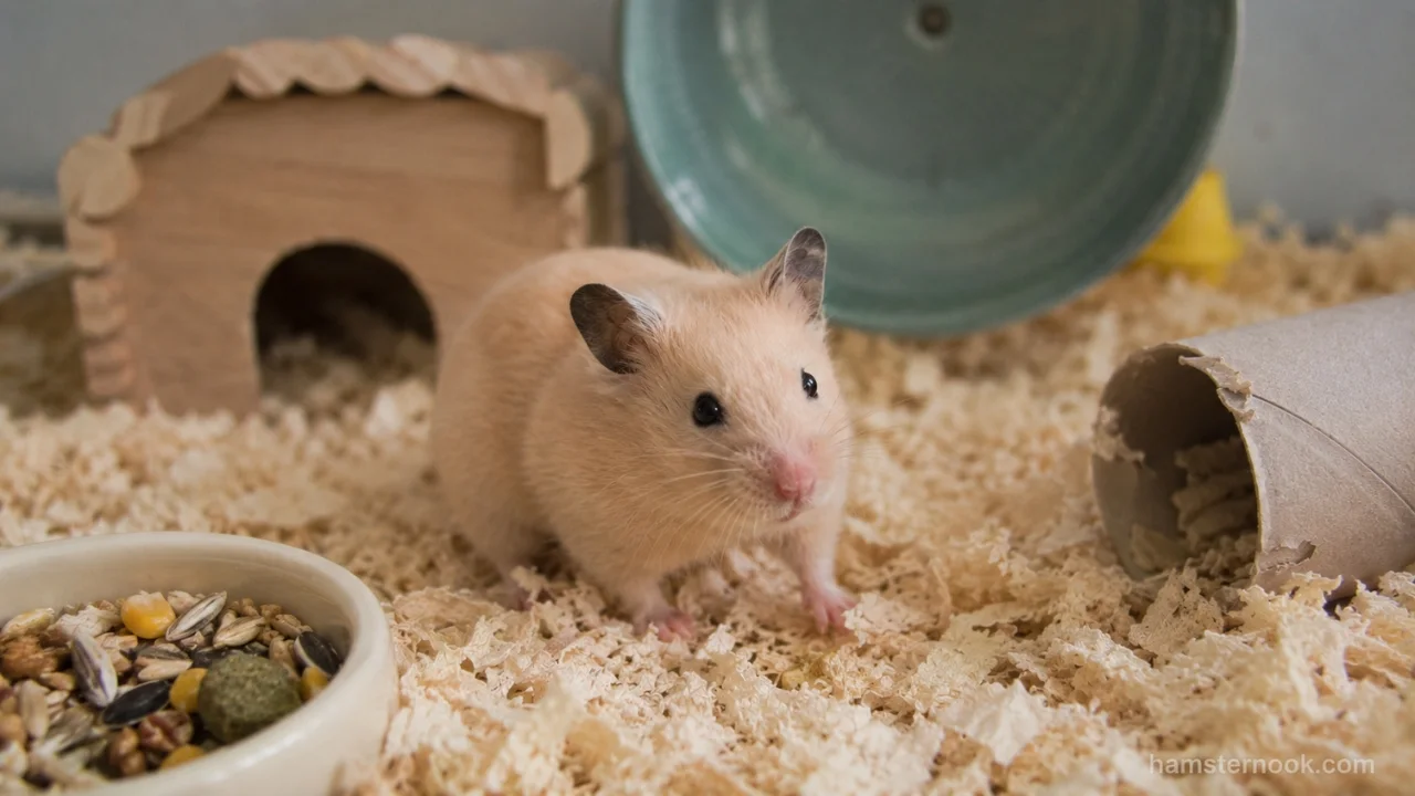 Pet hamster in a proper habitat showing correct hamster care practices