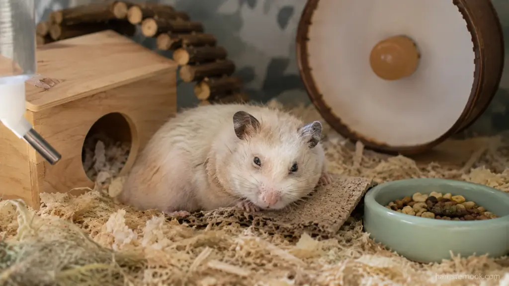 Senior hamster resting beside a food bowl after slowing down with age