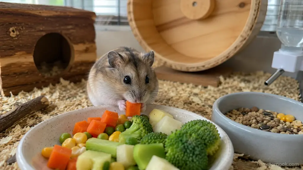 Hamster beside cooked vegetables showing correct portion size for an occasional treat