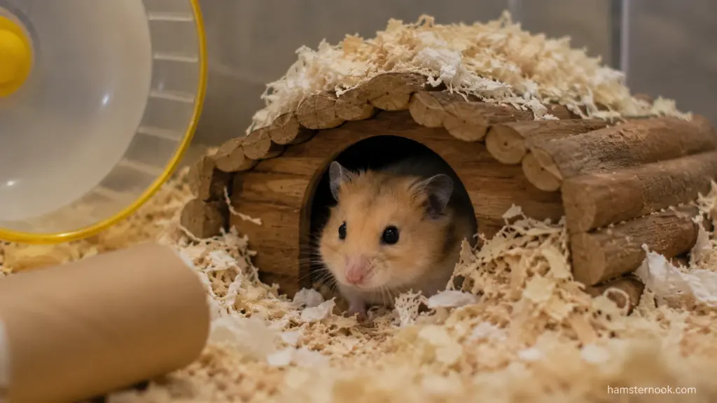 hamster resting inside secure wooden shelter with deep bedding