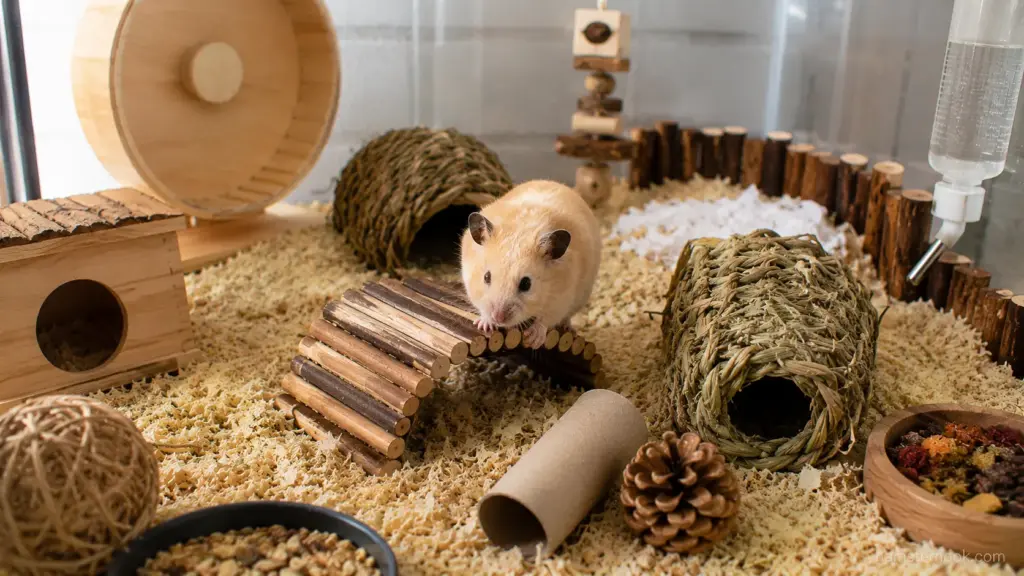 Hamster exploring an enriched enclosure with tunnels, hides, and natural accessories