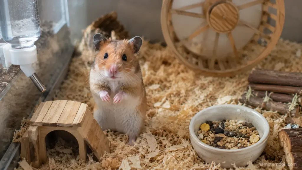 Curious Syrian hamster standing upright and watching its surroundings