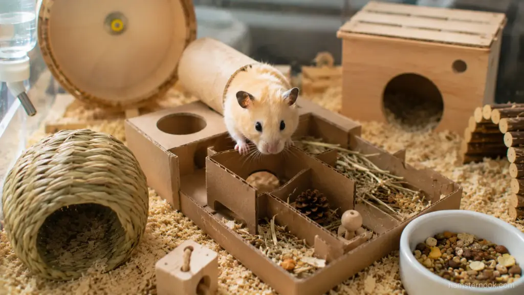 Hamster using a homemade cardboard foraging puzzle to search for food