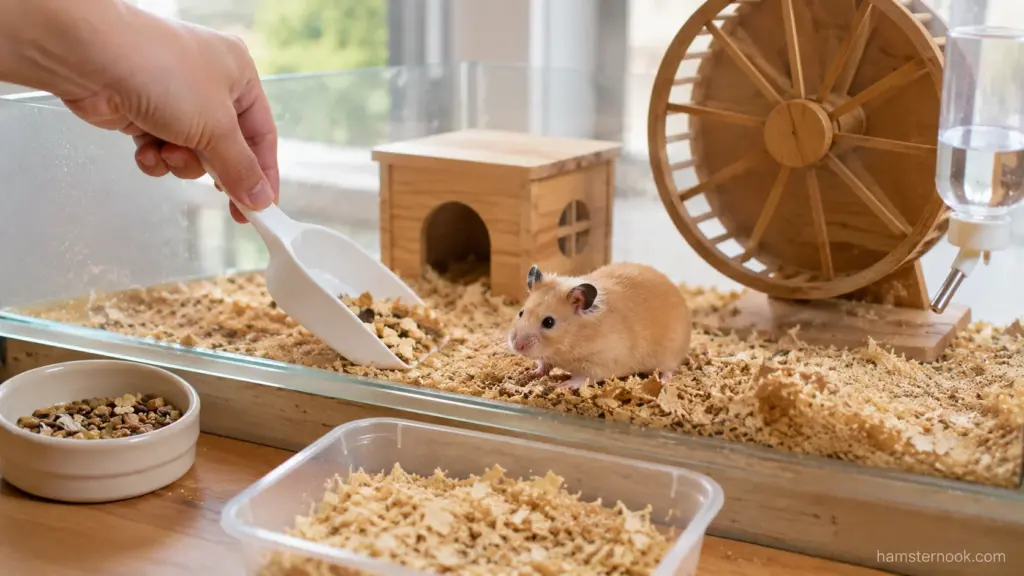 Owner removing leftover food during daily hamster cage maintenance