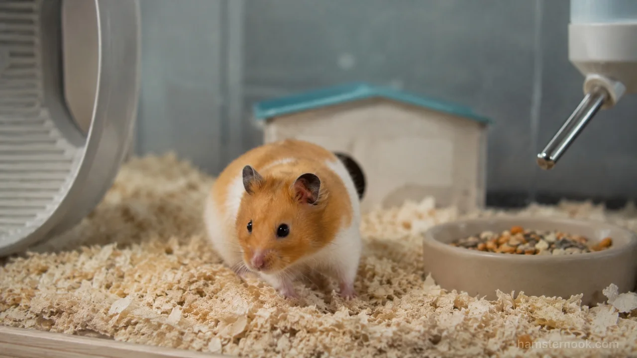 Hamster owner performing daily care tasks inside a hamster cage