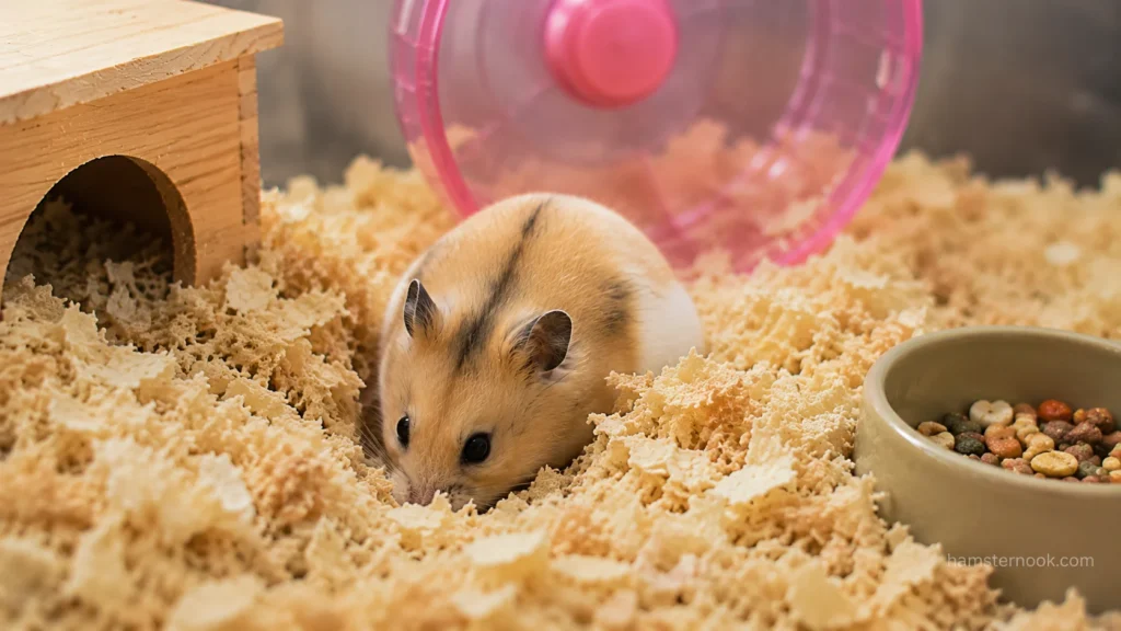 Hamster partially buried in deep bedding while building an underground tunnel