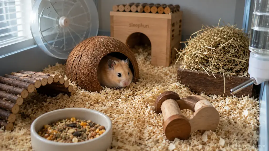 Syrian hamster resting inside a coconut hide with deep paper bedding and multiple hideouts