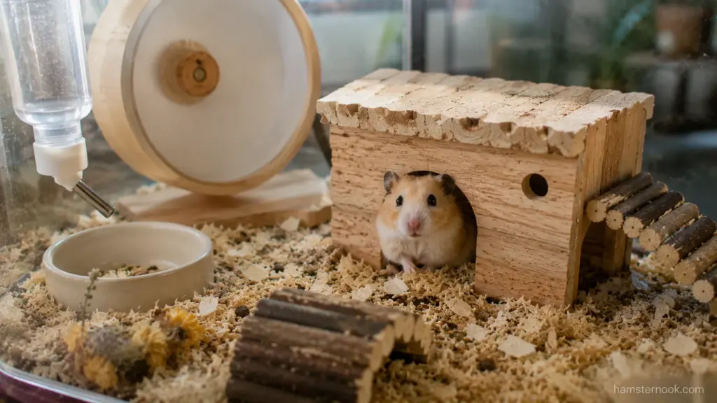 Hamster emerging from wooden hideout surrounded by deep bedding