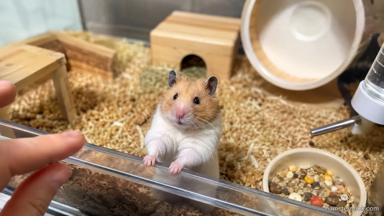 Pet hamster approaching its owner at the front of the cage