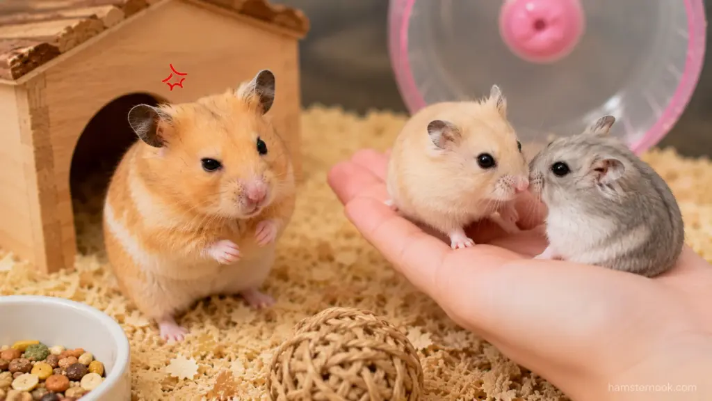 syrian hamster watching another hamster receive attention