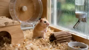 Pet hamster sitting alone in its enclosure with toys and bedding