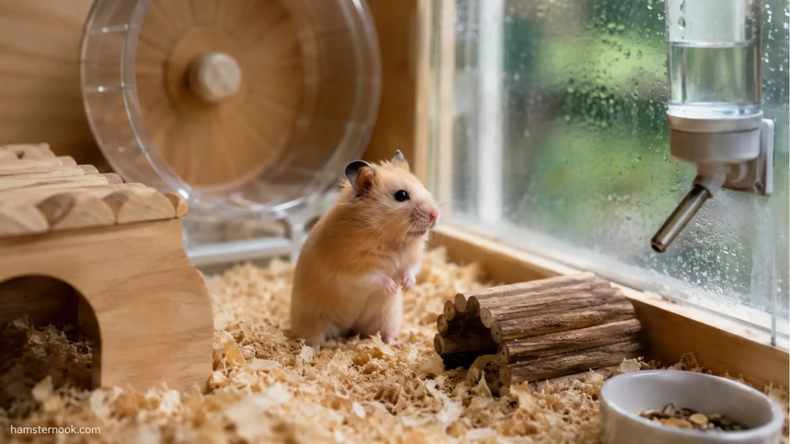 Pet hamster sitting alone in its enclosure with toys and bedding