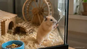 Pet hamster looking toward its owner outside the cage