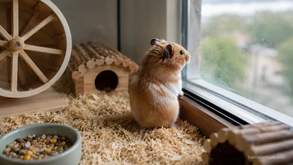 Syrian hamster looking through enclosure window while observing surroundings