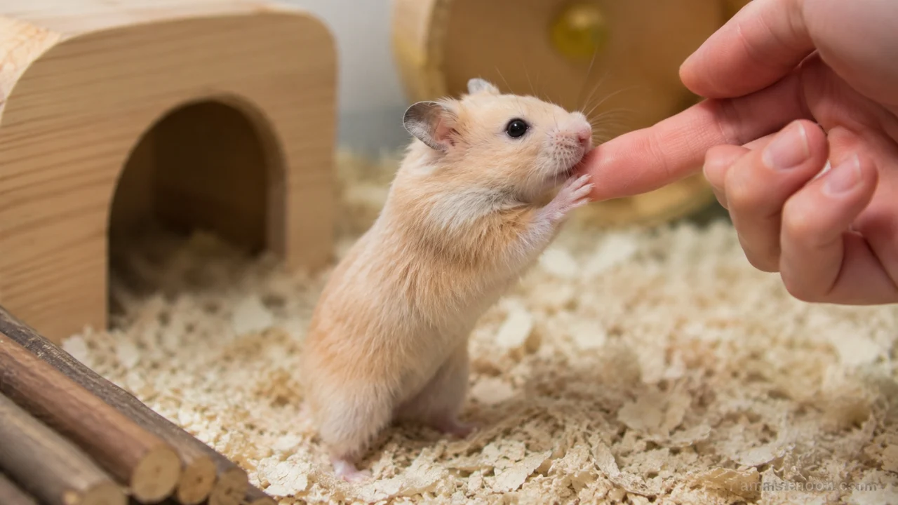 Pet hamster sitting calmly on its owner's hand