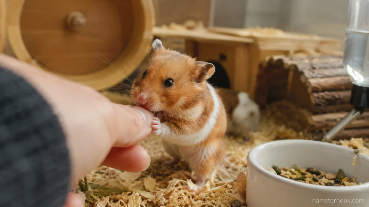 Pet hamster calmly taking a treat from its owner's hand after building trust