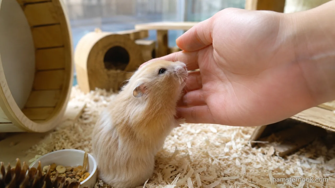 Pet hamster calmly sitting on its owner's hand showing trust and comfort