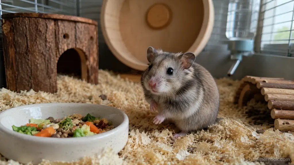 Dwarf hamster beside a food bowl inside a secure enclosure with deep bedding