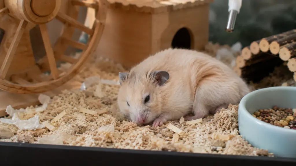 Lethargic hamster resting beside food bowl and hideout