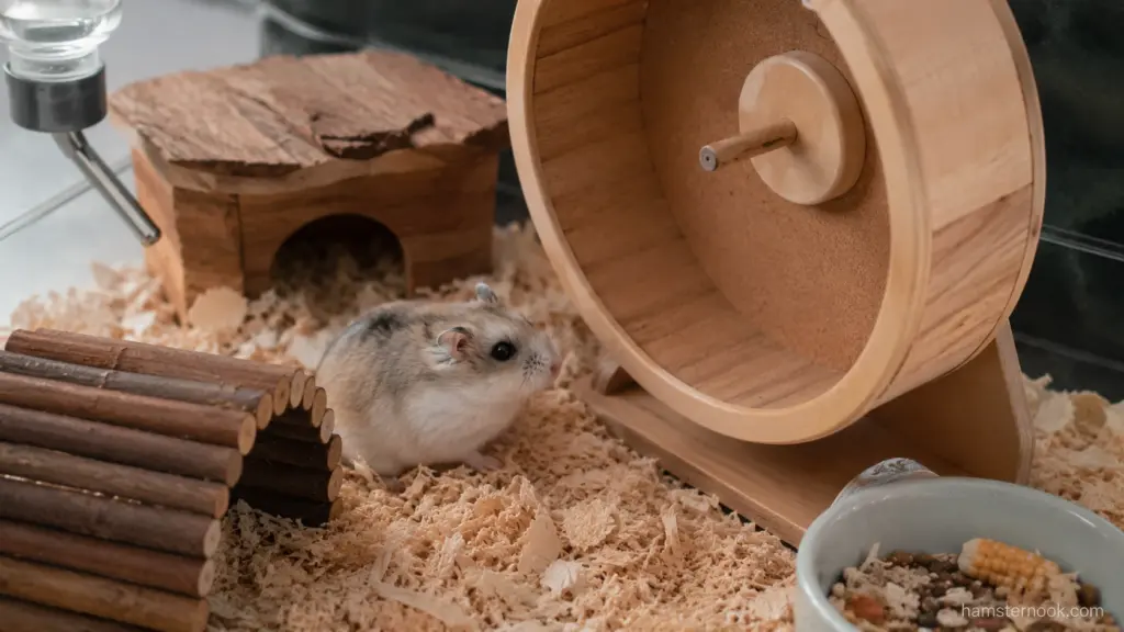 Dwarf hamster investigating a wooden exercise wheel in its enclosure