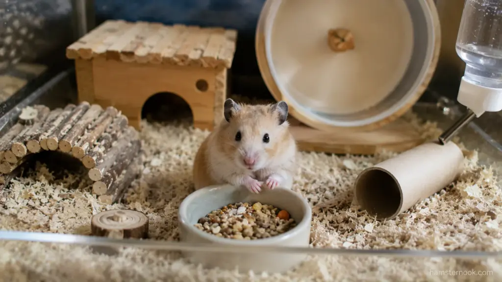 Well-equipped hamster enclosure with wheel bedding hideout and food bowl
