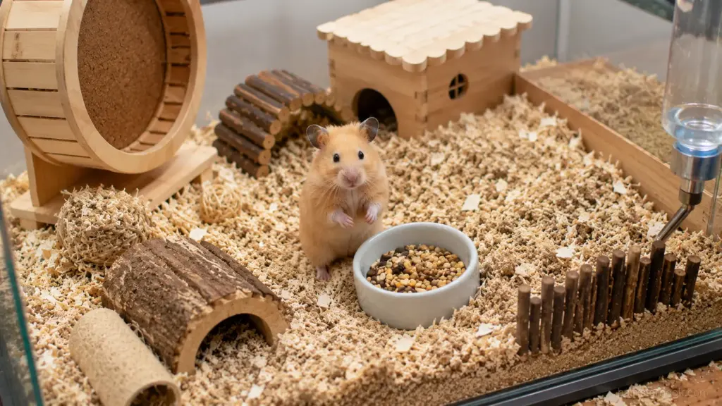 Spacious hamster enclosure with wheel, hideouts, food bowl, bedding, and enrichment items