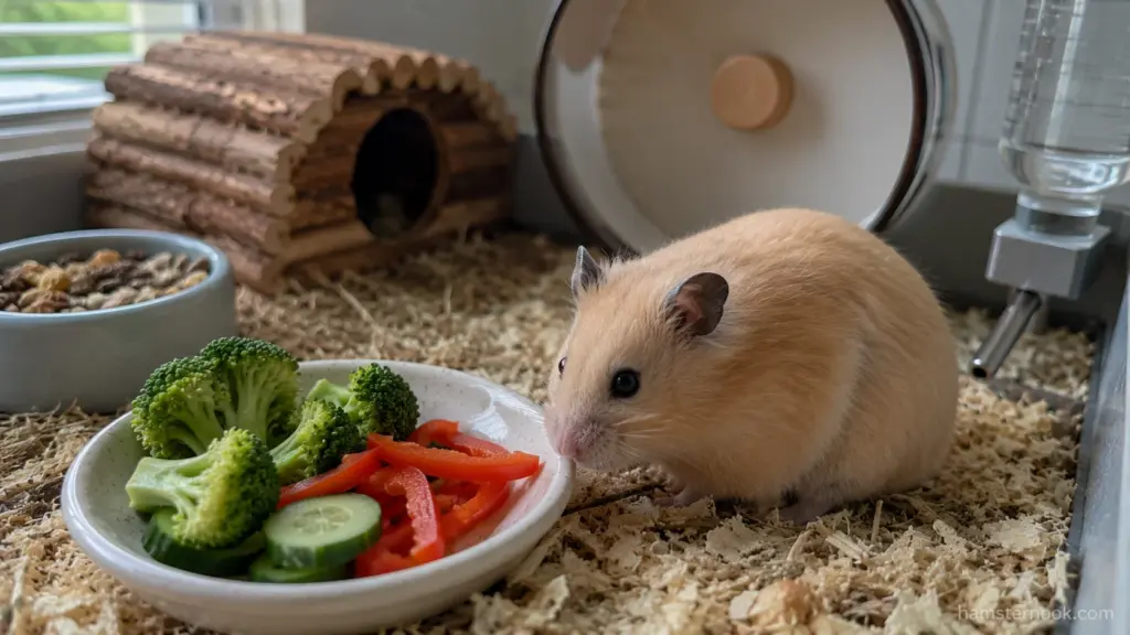 Fresh broccoli, cucumber, and bell pepper offered to a hamster in a clean food dish