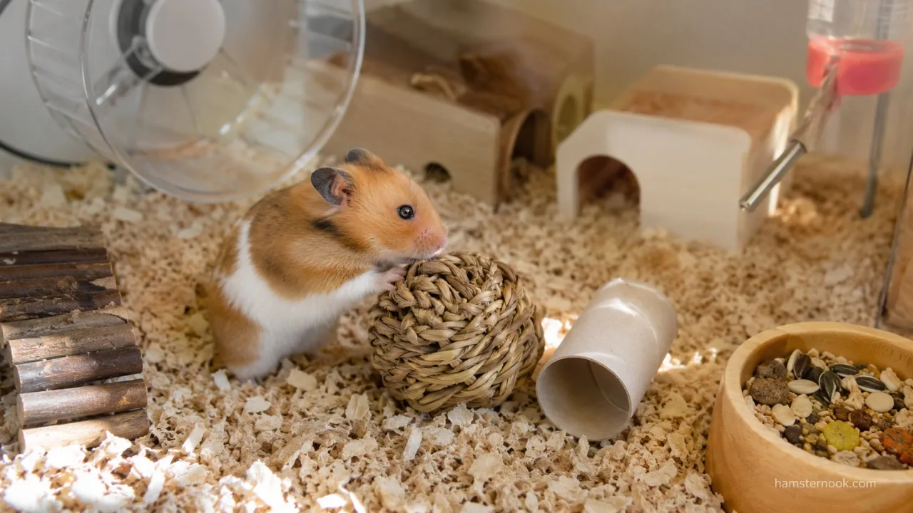 Pet hamster exploring a cardboard maze and foraging for treats