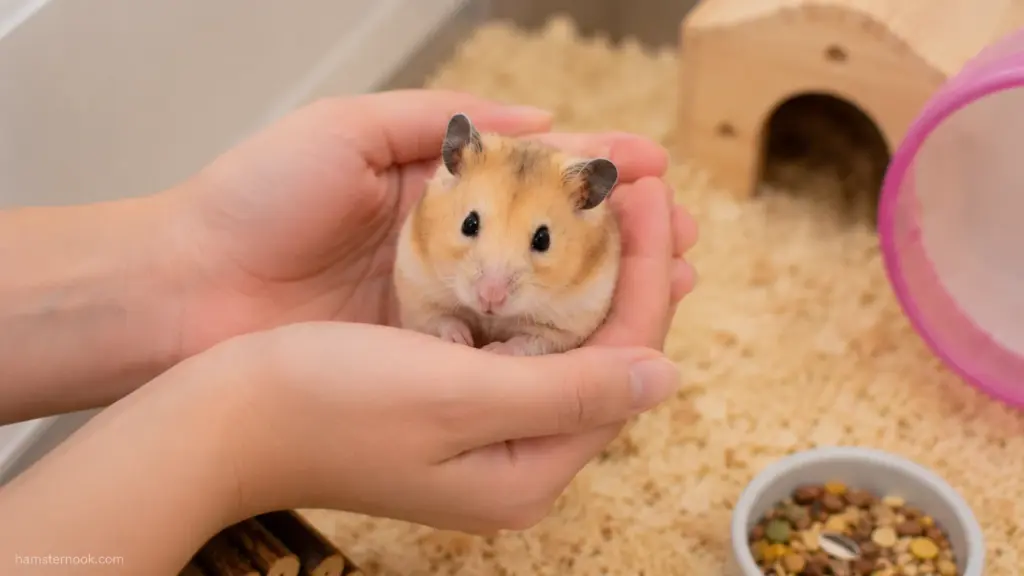 hamster resting calmly in cupped hands