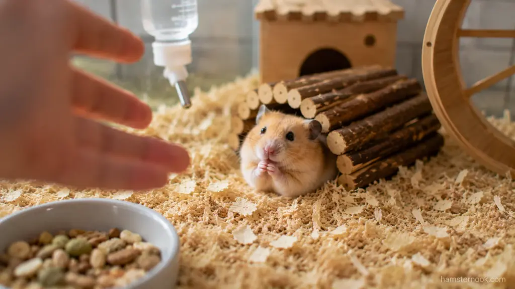 Hamster remaining inside a hideout while owner slowly offers a hand nearby
