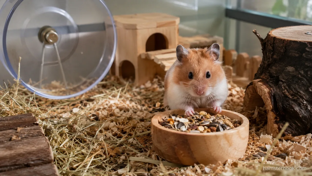 Healthy hamster exploring a spacious enclosure with deep bedding and enrichment