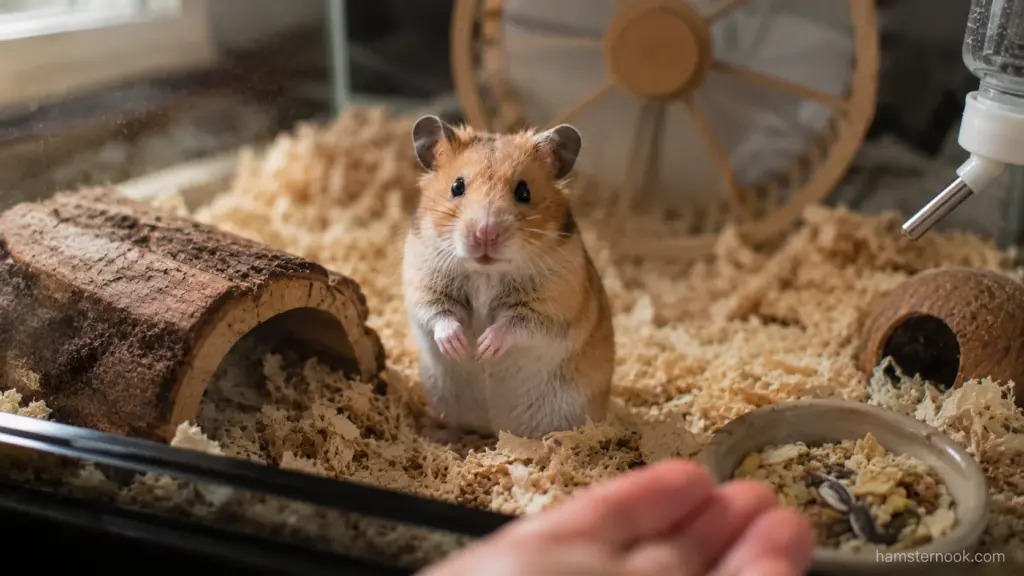 Hamster watching its owner near the food bowl while expecting a treat