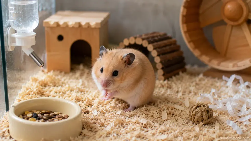 Hamster sitting near its food bowl inside a clean enclosure