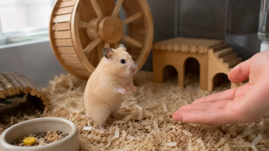Pet hamster calmly approaching an owner's hand during bonding session