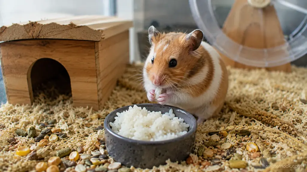 Syrian hamster eating a small portion of plain cooked rice from a bowl