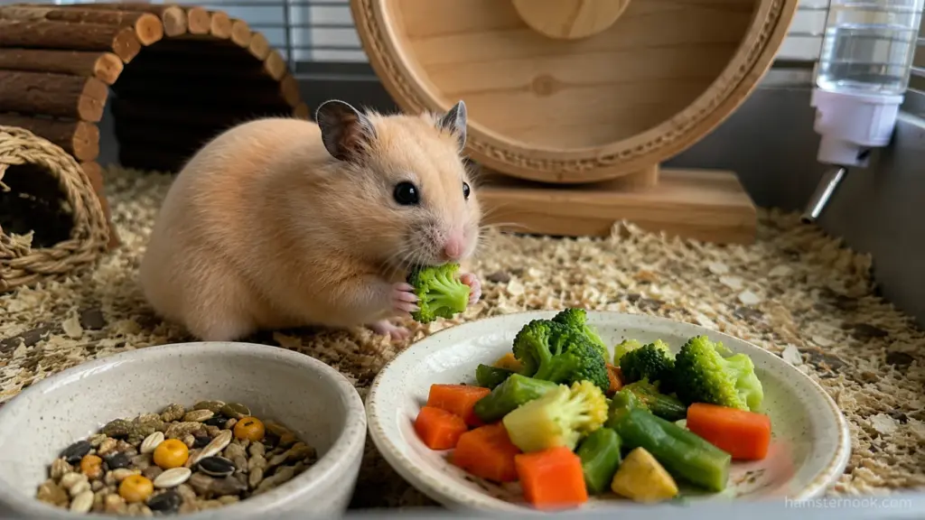 Hamster eating plain cooked broccoli and carrots served without salt or seasoning